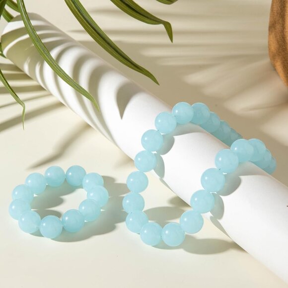 Women's Light Blue Handmade Chunky Beaded Large Round Beads Bracelet Necklace - Picture 4 of 6